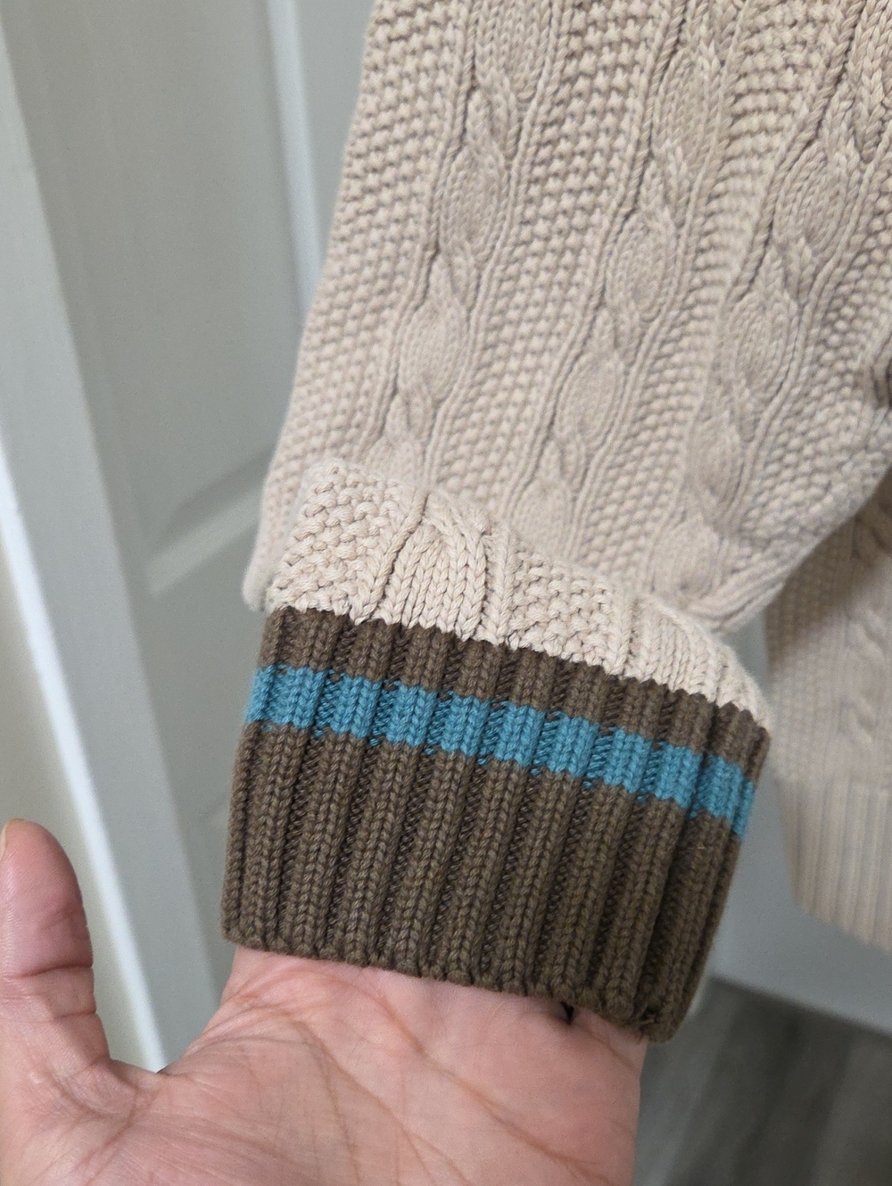Vintage Eddie Bauer 100% Cotton Cable Knit Sweater Cream Crewneck Brown Teal - Picture 5 of 8